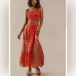 Free People Kaia Set Floral Printed Smocked Crop Ruffle Red Top & Skirt Small S